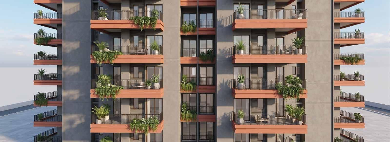 Exterior tower facade with landscaped balconies
