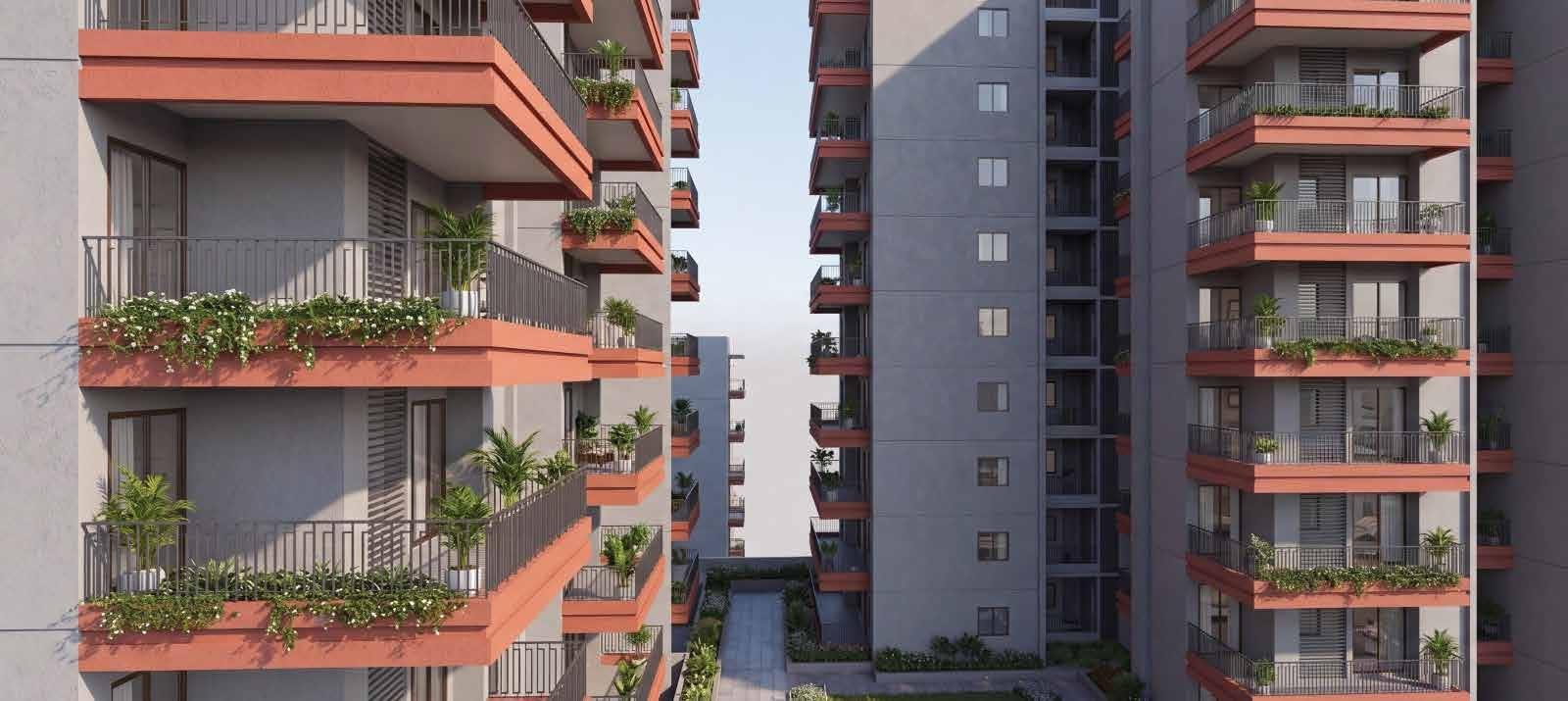 Residential tower elevation and corner balconies