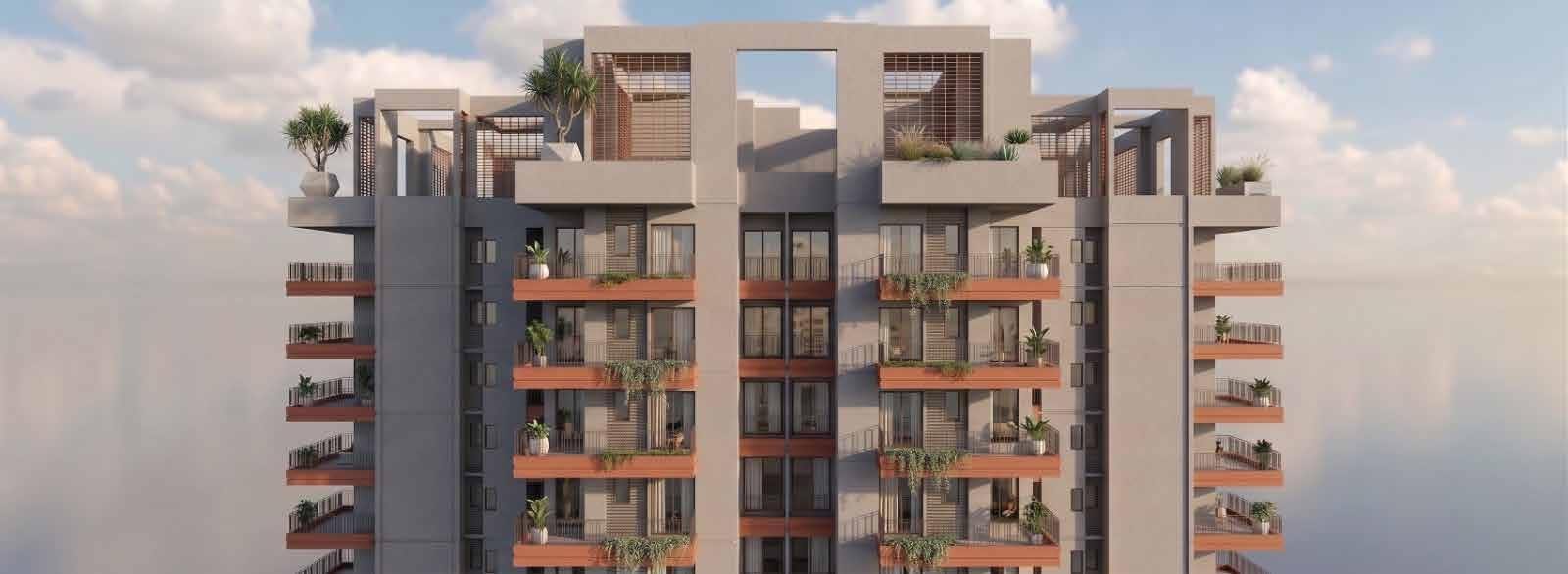 Low-rise podium and landscaped frontage